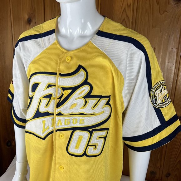 90s FUBU Jersey Baseball Button Up Mens 2XL FUBU 05 Yellow Blue Vintage Logo - Picture 4 of 9